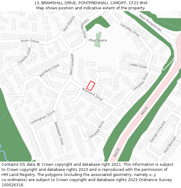 13, BRAMSHILL DRIVE, PONTPRENNAU, CARDIFF, CF23 8NX: Location map and indicative extent of plot