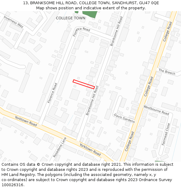 13, BRANKSOME HILL ROAD, COLLEGE TOWN, SANDHURST, GU47 0QE: Location map and indicative extent of plot
