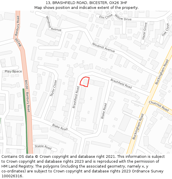13, BRASHFIELD ROAD, BICESTER, OX26 3HF: Location map and indicative extent of plot
