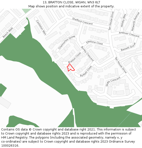 13, BRATTON CLOSE, WIGAN, WN3 6LT: Location map and indicative extent of plot