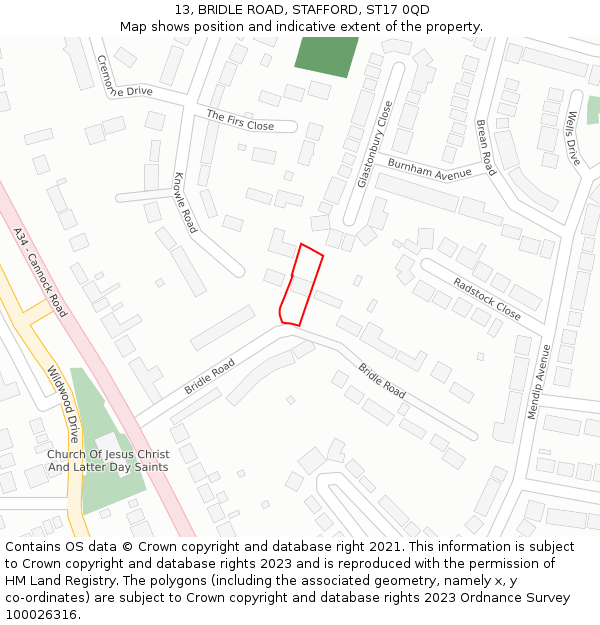 13, BRIDLE ROAD, STAFFORD, ST17 0QD: Location map and indicative extent of plot