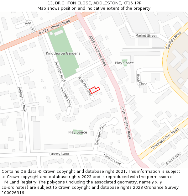 13, BRIGHTON CLOSE, ADDLESTONE, KT15 1PP: Location map and indicative extent of plot