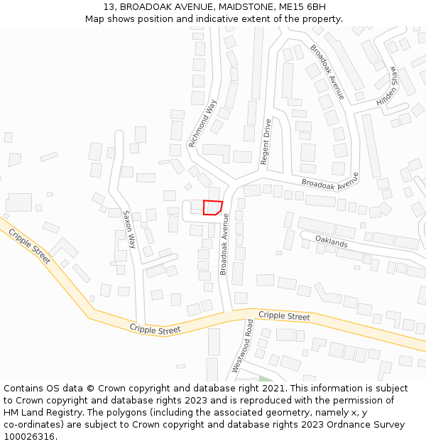 13, BROADOAK AVENUE, MAIDSTONE, ME15 6BH: Location map and indicative extent of plot