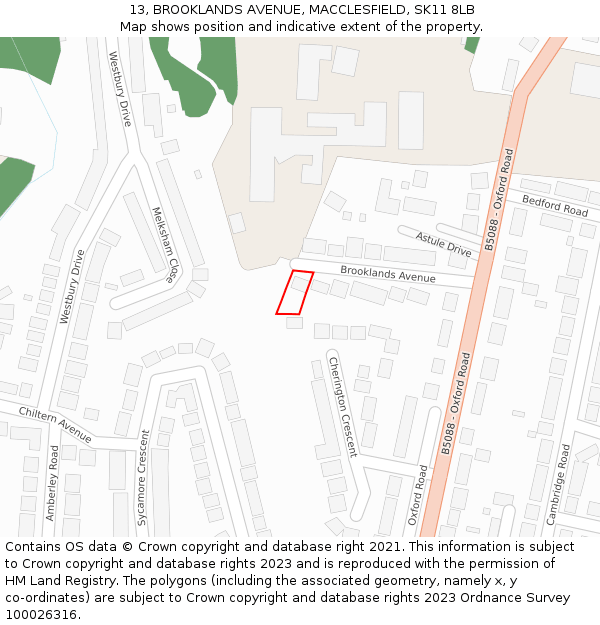 13, BROOKLANDS AVENUE, MACCLESFIELD, SK11 8LB: Location map and indicative extent of plot