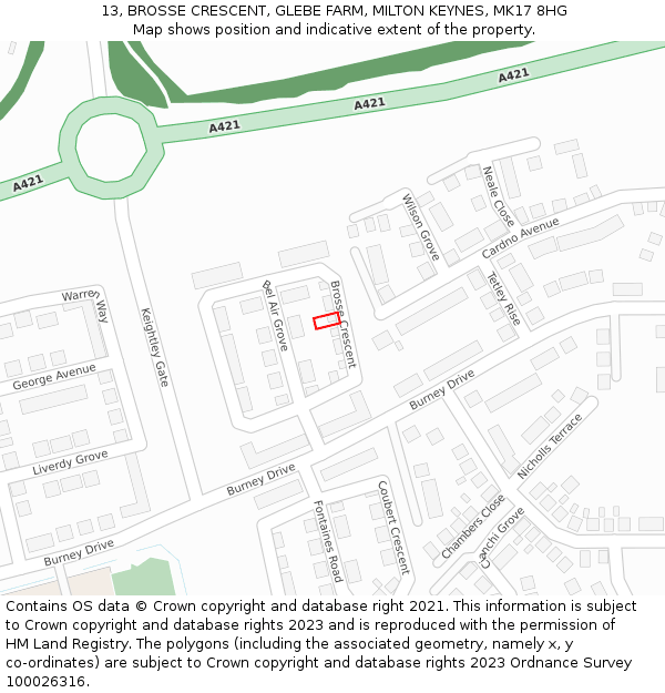 13, BROSSE CRESCENT, GLEBE FARM, MILTON KEYNES, MK17 8HG: Location map and indicative extent of plot