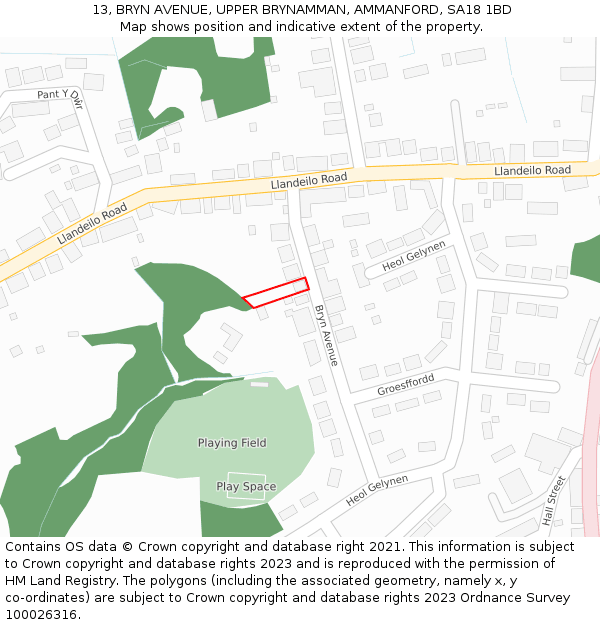 13, BRYN AVENUE, UPPER BRYNAMMAN, AMMANFORD, SA18 1BD: Location map and indicative extent of plot