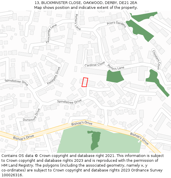 13, BUCKMINSTER CLOSE, OAKWOOD, DERBY, DE21 2EA: Location map and indicative extent of plot