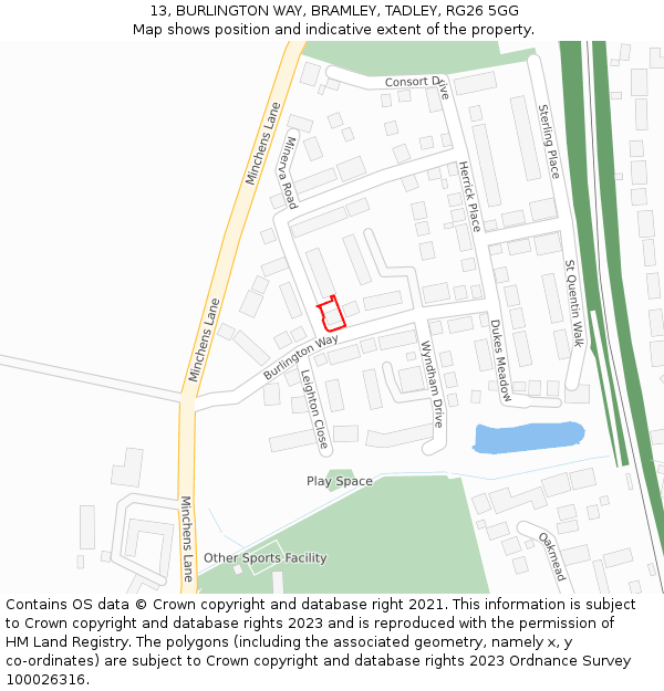 13, BURLINGTON WAY, BRAMLEY, TADLEY, RG26 5GG: Location map and indicative extent of plot