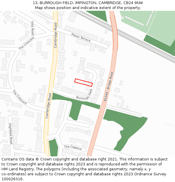 13, BURROUGH FIELD, IMPINGTON, CAMBRIDGE, CB24 9NW: Location map and indicative extent of plot