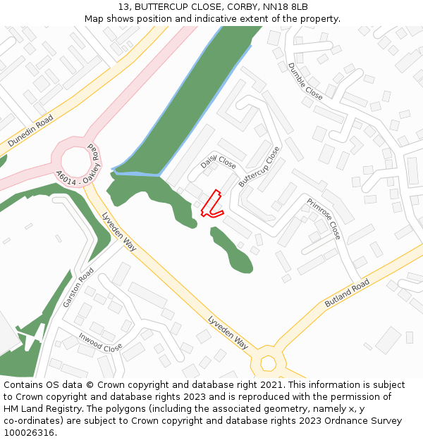 13, BUTTERCUP CLOSE, CORBY, NN18 8LB: Location map and indicative extent of plot