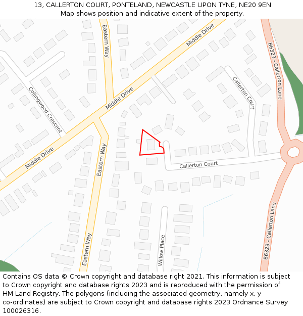 13, CALLERTON COURT, PONTELAND, NEWCASTLE UPON TYNE, NE20 9EN: Location map and indicative extent of plot