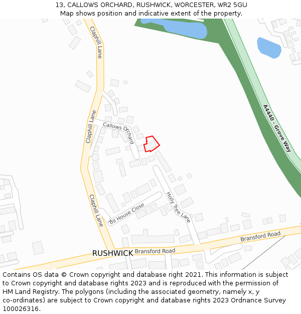 13, CALLOWS ORCHARD, RUSHWICK, WORCESTER, WR2 5GU: Location map and indicative extent of plot