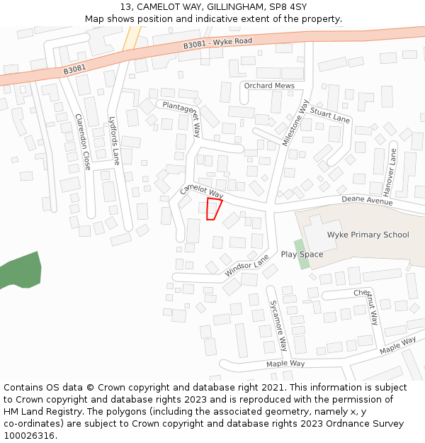 13, CAMELOT WAY, GILLINGHAM, SP8 4SY: Location map and indicative extent of plot