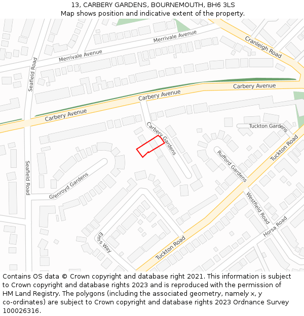 13, CARBERY GARDENS, BOURNEMOUTH, BH6 3LS: Location map and indicative extent of plot