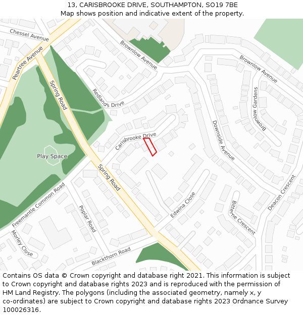 13, CARISBROOKE DRIVE, SOUTHAMPTON, SO19 7BE: Location map and indicative extent of plot