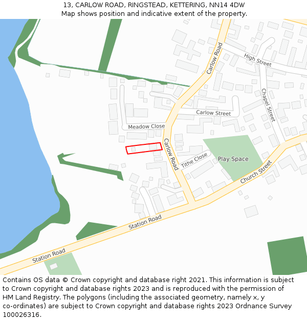 13, CARLOW ROAD, RINGSTEAD, KETTERING, NN14 4DW: Location map and indicative extent of plot