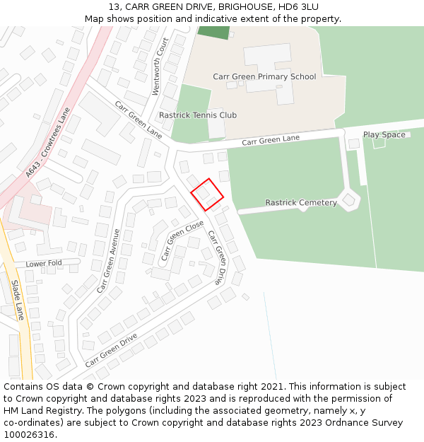 13, CARR GREEN DRIVE, BRIGHOUSE, HD6 3LU: Location map and indicative extent of plot