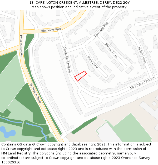 13, CARSINGTON CRESCENT, ALLESTREE, DERBY, DE22 2QY: Location map and indicative extent of plot