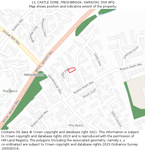 13, CASTLE DORE, FRESHBROOK, SWINDON, SN5 8PQ: Location map and indicative extent of plot