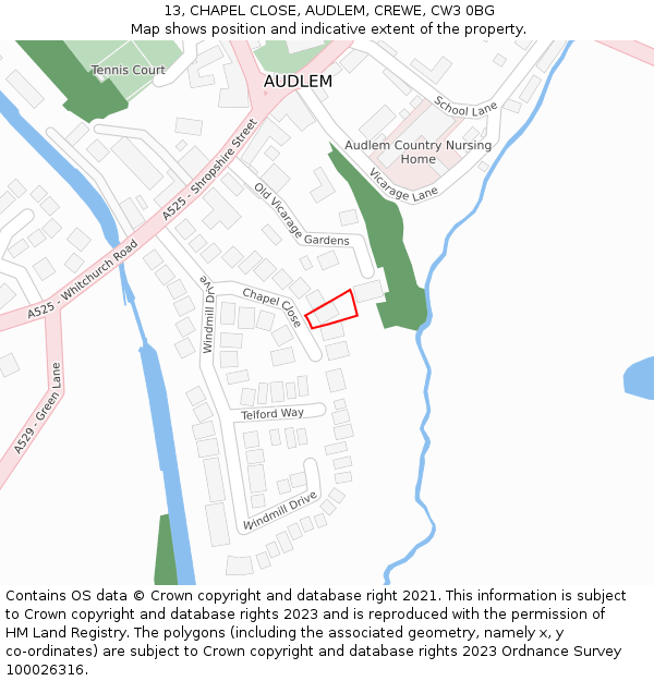 13, CHAPEL CLOSE, AUDLEM, CREWE, CW3 0BG: Location map and indicative extent of plot