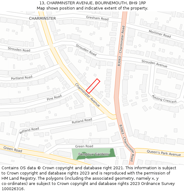 13, CHARMINSTER AVENUE, BOURNEMOUTH, BH9 1RP: Location map and indicative extent of plot