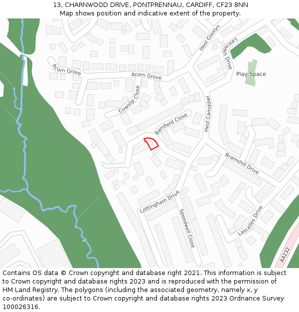 13, CHARNWOOD DRIVE, PONTPRENNAU, CARDIFF, CF23 8NN: Location map and indicative extent of plot