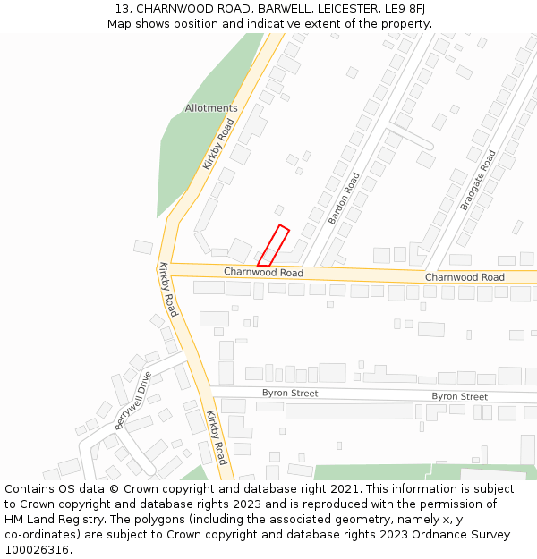 13, CHARNWOOD ROAD, BARWELL, LEICESTER, LE9 8FJ: Location map and indicative extent of plot