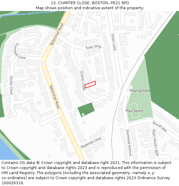 13, CHARTER CLOSE, BOSTON, PE21 9PD: Location map and indicative extent of plot