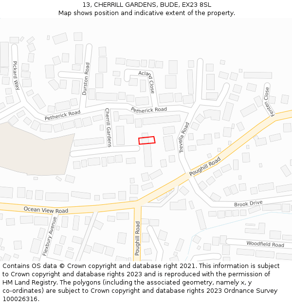 13, CHERRILL GARDENS, BUDE, EX23 8SL: Location map and indicative extent of plot