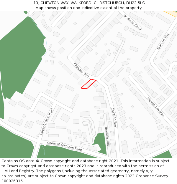 13, CHEWTON WAY, WALKFORD, CHRISTCHURCH, BH23 5LS: Location map and indicative extent of plot