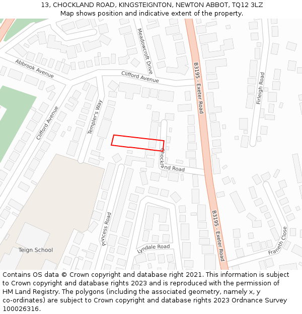 13, CHOCKLAND ROAD, KINGSTEIGNTON, NEWTON ABBOT, TQ12 3LZ: Location map and indicative extent of plot