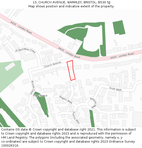 13, CHURCH AVENUE, WARMLEY, BRISTOL, BS30 5JJ: Location map and indicative extent of plot