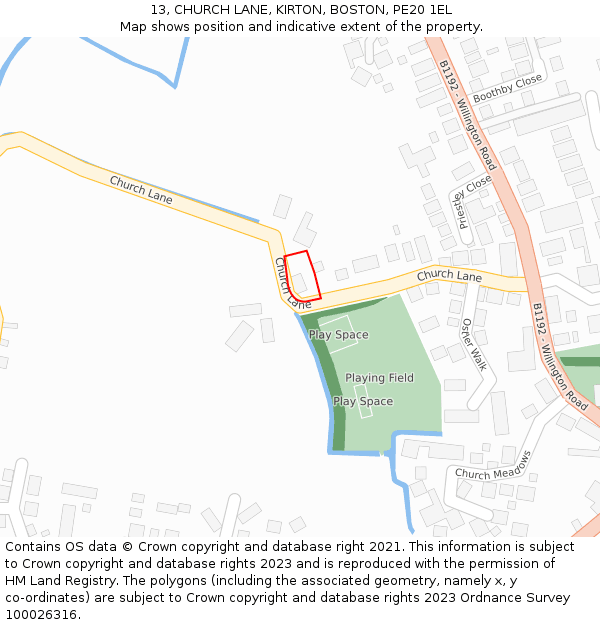 13, CHURCH LANE, KIRTON, BOSTON, PE20 1EL: Location map and indicative extent of plot