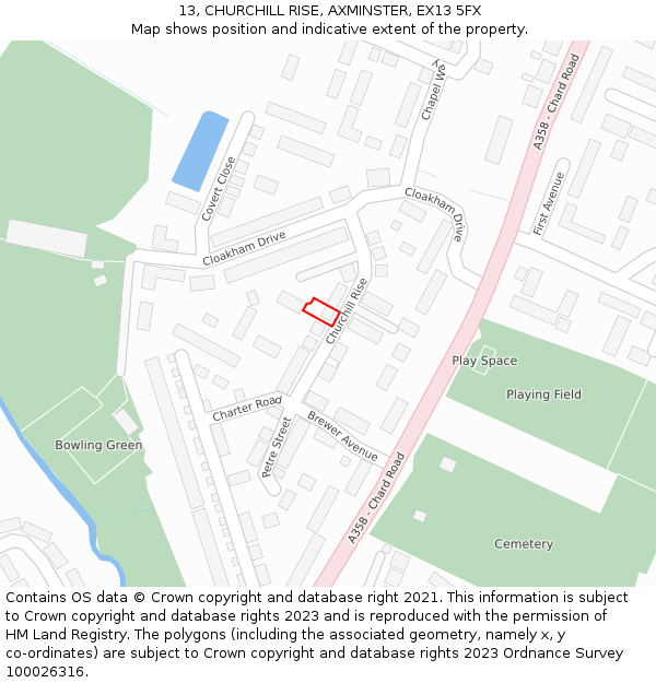 13, CHURCHILL RISE, AXMINSTER, EX13 5FX: Location map and indicative extent of plot