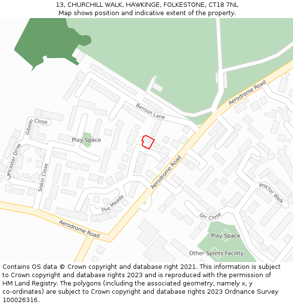 13, CHURCHILL WALK, HAWKINGE, FOLKESTONE, CT18 7NL: Location map and indicative extent of plot