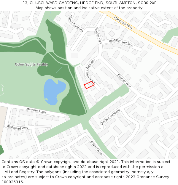 13, CHURCHWARD GARDENS, HEDGE END, SOUTHAMPTON, SO30 2XP: Location map and indicative extent of plot