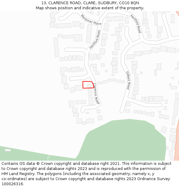 13, CLARENCE ROAD, CLARE, SUDBURY, CO10 8QN: Location map and indicative extent of plot