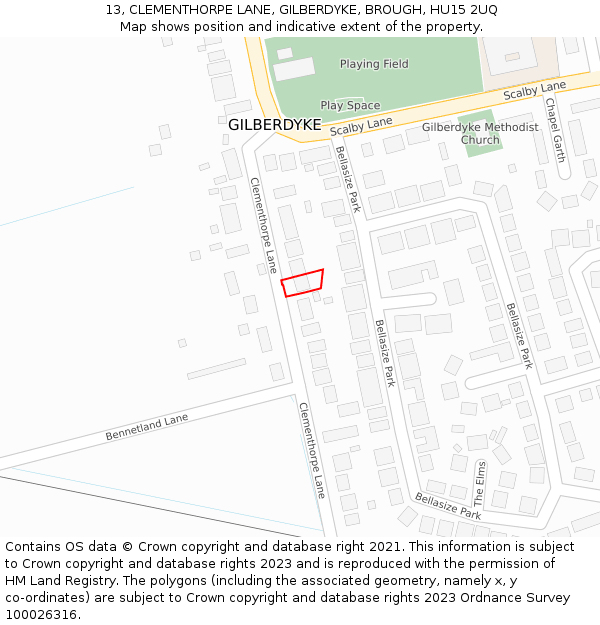 13, CLEMENTHORPE LANE, GILBERDYKE, BROUGH, HU15 2UQ: Location map and indicative extent of plot