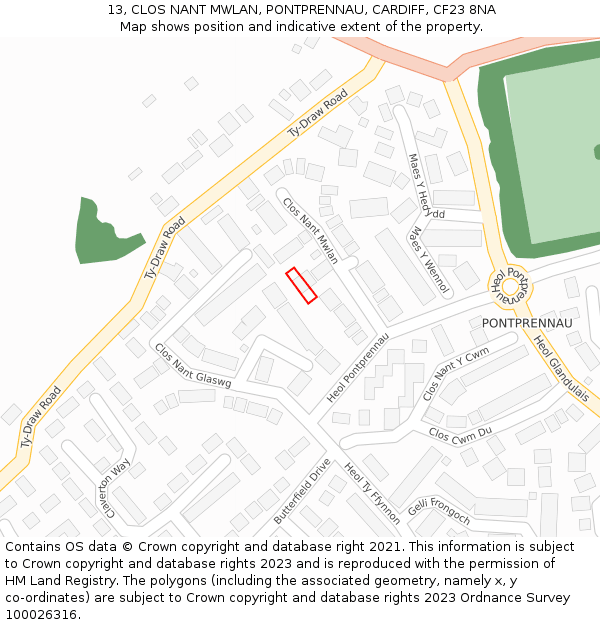13, CLOS NANT MWLAN, PONTPRENNAU, CARDIFF, CF23 8NA: Location map and indicative extent of plot