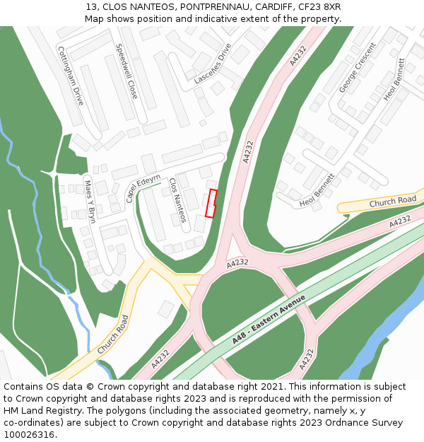 13, CLOS NANTEOS, PONTPRENNAU, CARDIFF, CF23 8XR: Location map and indicative extent of plot