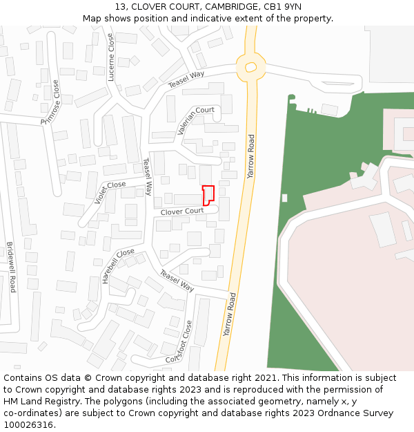 13, CLOVER COURT, CAMBRIDGE, CB1 9YN: Location map and indicative extent of plot