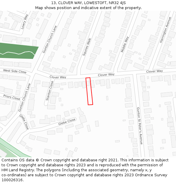 13, CLOVER WAY, LOWESTOFT, NR32 4JS: Location map and indicative extent of plot
