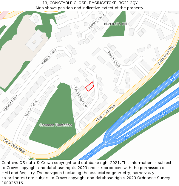 13, CONSTABLE CLOSE, BASINGSTOKE, RG21 3QY: Location map and indicative extent of plot