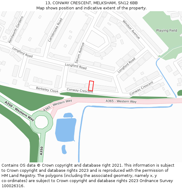 13, CONWAY CRESCENT, MELKSHAM, SN12 6BB: Location map and indicative extent of plot
