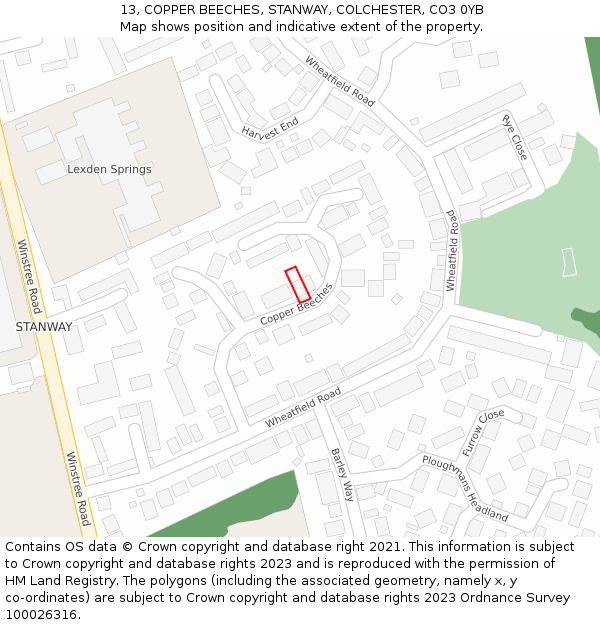 13, COPPER BEECHES, STANWAY, COLCHESTER, CO3 0YB: Location map and indicative extent of plot