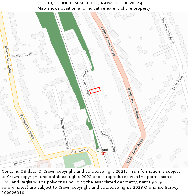 13, CORNER FARM CLOSE, TADWORTH, KT20 5SJ: Location map and indicative extent of plot