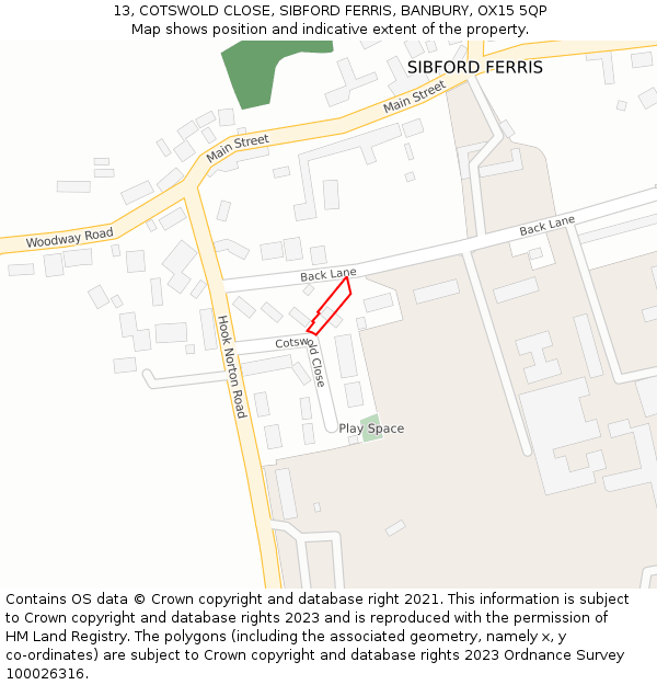 13, COTSWOLD CLOSE, SIBFORD FERRIS, BANBURY, OX15 5QP: Location map and indicative extent of plot