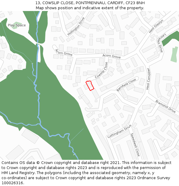 13, COWSLIP CLOSE, PONTPRENNAU, CARDIFF, CF23 8NH: Location map and indicative extent of plot