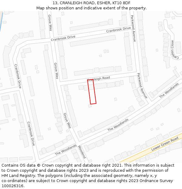 13, CRANLEIGH ROAD, ESHER, KT10 8DF: Location map and indicative extent of plot