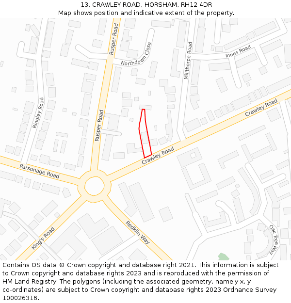 13, CRAWLEY ROAD, HORSHAM, RH12 4DR: Location map and indicative extent of plot